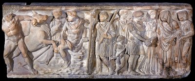 Sarkophag, der Jason und den feuerspeienden Stier in Kolchis darstellt, 753-476 v. Chr. (Marmor) von Roman